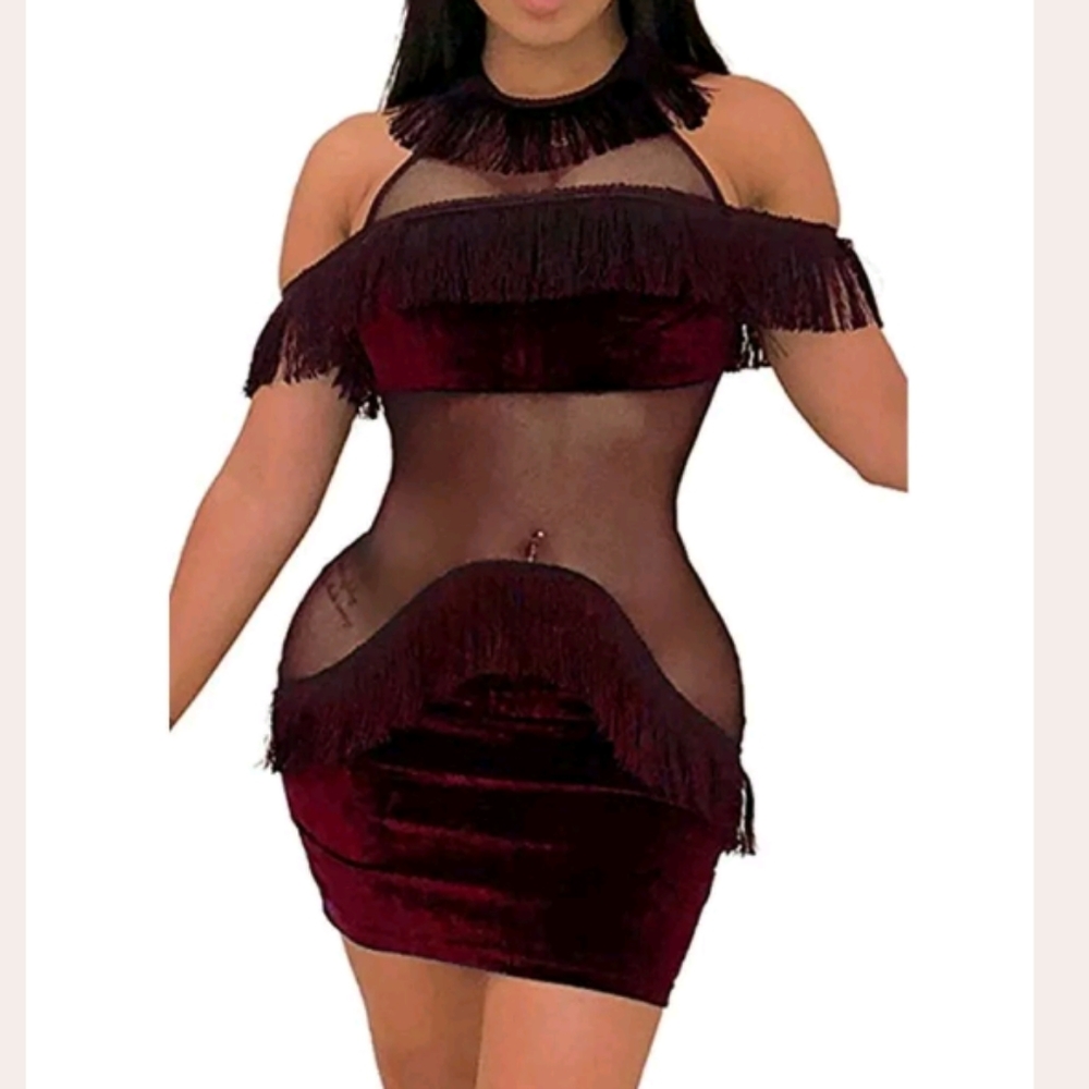 Womens Sexy Velvet Tassel Mesh See Through Dress O
